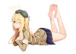  ;) absurdres bare_legs barefoot beret blonde_hair blue_skirt breasts brown_shirt cleavage closed_mouth collarbone collared_shirt crossed_arms eyebrows_visible_through_hair feet full_body girls_frontline greem_bang green_eyes green_hat hair_between_eyes hat highres legs_up long_hair long_legs looking_at_viewer lying m1_garand_(girls_frontline) medium_breasts miniskirt on_stomach one_eye_closed pleated_skirt shiny shiny_skin shirt simple_background skirt smile soles solo the_pose toes white_background 