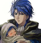  armor baby baby_carry blue_eyes blue_hair cape celice_(fire_emblem) cravat father_and_son fire_emblem fire_emblem:_seisen_no_keifu fire_emblem_heroes looking_at_viewer multiple_boys short_hair sigurd_(fire_emblem) sketch younger 