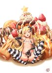  absurdres bai_linqin bakemonogatari bangs bikini black_bikini black_gloves blonde_hair breasts cameltoe chocolate_doughnut collarbone come_hither commentary covered_nipples doughnut elbow_gloves eyebrows_visible_through_hair fangs food french_cruller fruit gloves groin_tendon hair_ribbon highres icing in_food knees_up long_hair looking_at_viewer micro_bikini monogatari_(series) navel no_shoes old-fashioned_doughnut open_mouth oshino_shinobu oversized_object partially_visible_anus ribbon shiny shiny_hair shiny_skin sitting slit_pupils small_breasts solo spread_legs star strawberry string_bikini striped striped_legwear swimsuit thighhighs tongue tongue_out very_long_hair whipped_cream yellow_eyes 