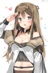  :o arm_up bare_shoulders breasts brown_eyes brown_hair cleavage coat collarbone detached_collar eyebrows_visible_through_hair girls_frontline h_shai hair_ornament hairclip heart highres k-2_(girls_frontline) long_hair long_sleeves looking_at_viewer medium_breasts navel open_clothes open_coat open_mouth salute sidelocks simple_background solo tank_top tareme upper_body white_background white_coat 