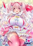  blush bow breasts commentary_request gloves hair_bow headphones highres large_breasts long_hair looking_at_viewer moomoo-san nitroplus open_mouth pink_eyes pink_hair skirt smile solo super_sonico thighhighs twintails white_gloves 