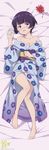  absurdres bandaged_fingers bandages bare_shoulders bed_sheet black_hair blue_kimono blush breasts cleavage collarbone copyright_name dakimakura embarrassed eromanga_sensei eyebrows_visible_through_hair from_above full_body highres incredibly_absurdres japanese_clothes kimono looking_at_viewer lying medium_breasts on_back open_mouth purple_eyes senju_muramasa shiny shiny_skin short_hair solo yukata 