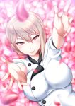  breasts chef_uniform flower_bed hair_between_eyes large_breasts looking_at_viewer nail_polish nakiri_alice outstretched_arms petals pink_nails reaching_out red_eyes shokugeki_no_souma short_hair short_sleeves silver_hair smile solo upper_body yottan 
