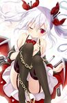  ;) azur_lane bangs black_bikini_top black_dress black_legwear black_panties blush bow breasts c: chain closed_mouth commentary dress eyebrows_visible_through_hair floating_hair garter_straps hair_between_eyes hair_bow index_finger_raised long_hair looking_at_viewer one_eye_closed panties purple_eyes red_bow rigging silver_hair small_breasts smile solo thighhighs thighs turret twintails underwear vampire_(azur_lane) white_hair wings yano_mitsuki 