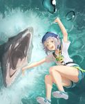  :3 alternate_costume anachronism blush bungee_jumping commentary_request falling from_above grey_eyes harness helmet highres idolmaster idolmaster_cinderella_girls jurassic_world kamemaru koshimizu_sachiko looking_at_viewer mosasaurus mouth open_mouth outstretched_arms purple_hair rope shirt shoes short_hair shorts sneakers t-shirt tears teeth water wavy_mouth 