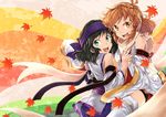  alternate_costume autumn_leaves black_hair bow brown_hair detached_sleeves green_eyes hair_bow hand_on_another's_shoulder headband holding_hands japanese_clothes judo_fuu kohinata_miku looking_at_viewer multicolored multicolored_background multiple_girls open_mouth orange_eyes scarf senki_zesshou_symphogear short_hair smile tachibana_hibiki_(symphogear) wide_sleeves yellow_eyes 