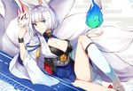  animal_ears azur_lane bangs blue_eyes blue_fire blue_skirt blush breasts cleavage closed_mouth collar egasumi fire flight_deck fox_ears fox_girl fox_tail highres holding holding_mask japanese_clothes kaga_(azur_lane) kimono kitsune knee_up kneehighs kyuubi large_breasts long_sleeves looking_at_viewer luse_maonang mask mask_removed multiple_tails open_clothes open_kimono short_hair silver_hair sitting skirt smile solo sweatband tail tassel thighs tsurime underbust white_background white_kimono white_legwear wide_sleeves 