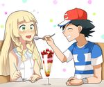  1girl black_hair blonde_hair blush closed_eyes food green_eyes ice_cream kuriyama lillie_(pokemon) long_hair md5_mismatch pokemon pokemon_(anime) pokemon_sm_(anime) satoshi_(pokemon) sharing_food 