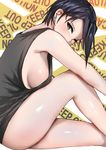  bad_id bad_pixiv_id bare_arms bare_legs bare_shoulders black_hair blush breasts caution_tape earrings feet_out_of_frame from_side highres invisible_chair jewelry keep_out knee_up leaning_forward looking_at_viewer looking_to_the_side medium_breasts midorikawa_maki no_bra no_pants norman_maggot one_eye_closed sakura_quest shiny shiny_skin short_hair sideboob sitting sleeveless solo stud_earrings tank_top thighs tsurime 