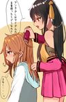  asyde bangs black_hair brown_eyes brown_hair brushing_another's_hair eyebrows_visible_through_hair hair_brushing highres hood hoodie idolmaster idolmaster_cinderella_girls long_hair matoba_risa multiple_girls pleated_skirt purple_eyes purple_skirt sidelocks skirt speech_bubble thought_bubble translation_request twintails yuuki_haru 