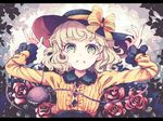  bangs black_hat bow curly_hair dise flower frilled_sleeves frills gloves green_hair green_nails hands_up hat hat_bow komeiji_koishi long_sleeves looking_at_viewer nail_polish open_mouth red_flower red_rose rose shirt smile solo third_eye touhou upper_body yellow_bow yellow_shirt 