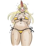  1girl belly bicho-san bikini blonde_hair blush breast_suppress breasts brown_eyes fang horn large_breasts monster_girl monster_musume_no_iru_nichijou navel ogre open_mouth plump pointy_ears solo sweat tears thick_thighs tionishia wide_hips 