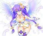  angel_wings artist_name blue_eyes braid breasts cleavage closed_mouth cowboy_shot flower four_goddesses_online:_cyber_dimension_neptune gloves hair_flower hair_ornament halo highres kyou large_breasts long_hair looking_at_viewer neptune_(series) power_symbol purple_hair purple_heart smile solo symbol-shaped_pupils tied_hair twin_braids very_long_hair wings 