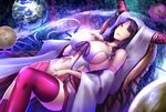  bare_shoulders breasts earth facial_mark fate/grand_order fate_(series) forehead_mark hand_on_own_chest horn_ring horns huge_breasts jewelry long_hair looking_at_viewer mars moon navel parted_lips planet purple_hair sesshouin_kiara shiroshisu sideboob solo star thighhighs yellow_eyes 