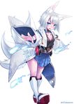  animal_ears armor azur_lane blue_eyes blue_skirt breasts fireball japanese_clothes kaga_(azur_lane) kimono open_mouth short_hair silver_hair simple_background skirt small_breasts solo st.takuma 