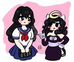  2girls alice_(bendy_and_the_ink_machine) angel bendy_and_the_ink_machine black_eyes black_hair book crossover halo horns multiple_girls pasteldemon senpai_(yandere_simulator) yandere_simulator 