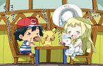  1girl alolan_form alolan_vulpix black_hair blonde_hair chibi eating gen_1_pokemon kuriyama lillie_(pokemon) long_hair pikachu pokemon pokemon_(anime) pokemon_(creature) pokemon_sm_(anime) satoshi_(pokemon) translation_request 