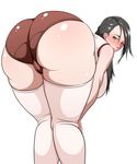 1girl ass bare_shoulders blush breasts curvy grey_eyes grey_hair huge_ass huge_breasts ichika_(kniw1) leaning_forward long_hair looking_at_viewer looking_back original ponytail smile solo standing thick_thighs thighhighs wide_hips 