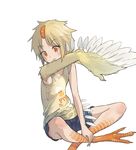  bangs bare_arms bare_shoulders biting_arm blush brown_shorts claws closed_mouth clothes_writing commentary_request eyebrows_visible_through_hair feathers green_shirt highres indian_style kamemaru monster_girl orange_hair original piyoko-chan_(kamemaru) shirt short_hair shorts simple_background sitting solo white_background wings 