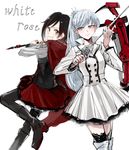  alternate_costume cape commentary_request crescent_rose english highres multiple_girls myrtenaster naizo_(kimosugimasu) pantyhose rapier ruby_rose rwby scar scar_across_eye scythe smile sword weapon weiss_schnee 