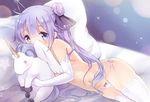  ahoge azur_lane bangs blunt_bangs blush bow bow_panties elbow_gloves gloves hair_bun hair_ornament lavender_eyes lavender_hair long_hair looking_at_viewer lying navel nikoo object_hug on_bed on_side panties pillow pink_panties pink_ribbon ribbon side-tie_panties solo star stomach stuffed_alicorn stuffed_animal stuffed_toy swimsuit tareme thighhighs topless underwear underwear_only unicorn_(azur_lane) white_gloves white_legwear 