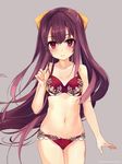  arm_at_side bangs bare_arms bare_shoulders blush bow bra brown_background collarbone cowboy_shot eyebrows_visible_through_hair flat_chest hair_bow kamikaze_(kantai_collection) kantai_collection lingerie long_hair looking_at_viewer navel panties parted_lips pink_eyes purple_hair red_bra red_panties shirokitsune simple_background smile solo standing stomach tareme thigh_gap twitter_username underwear underwear_only very_long_hair yellow_bow 