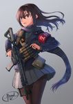  ar-15 armband artist_name black_hair black_legwear blue_eyes blush dreadtie eyebrows green_neckwear grey_skirt gun highres holding holding_gun holding_weapon long_hair long_sleeves looking_at_viewer magpul original pantyhose parted_lips purple_scarf rifle scarf skirt smile solo trigger_discipline weapon 