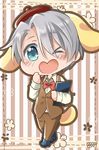  ;d animal_ears big_cat_shan blue_eyes bow bowtie chibi cosplay dog_ears dog_tail dogboy heart-shaped_mouth male_focus menu one_eye_closed open_mouth pompompurin pompompurin_(cosplay) sanrio silver_hair smile striped striped_background tail viktor_nikiforov waistcoat waiter yuri!!!_on_ice 