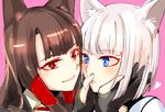  akagi_(azur_lane) animal_ears azur_lane black_gloves blue_eyes brown_hair commentary_request eye_contact eyebrows_visible_through_hair facial_mark fox_ears gloves hair_tubes hands_on_another's_cheeks hands_on_another's_face heart highres kaga_(azur_lane) lipstick long_hair looking_at_another makeup mosuke multiple_girls parted_lips partly_fingerless_gloves pink_background red_eyes short_hair simple_background smile upper_body white_hair 