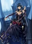  bad_id bad_pixiv_id bare_shoulders black_dress black_hair breasts cleavage commentary_request detached_sleeves dress fate/apocrypha fate_(series) fur_trim highres large_breasts long_hair looking_at_viewer parted_lips pico_(picollector79) pointy_ears semiramis_(fate) sidelocks sitting solo very_long_hair yellow_eyes 
