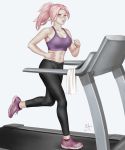  bad_id bad_tumblr_id bare_arms bare_shoulders breasts cleavage clenched_hands dated from_side grey_background highres leggings long_hair midriff navel one_eye_closed original parted_lips pink_eyes pink_footwear pink_hair ponytail sciamano240 shoes signature simple_background smile tank_top tired treadmill 