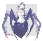  arachne bare_shoulders blush commentary english_commentary extra_eyes full_body heart hhhori insect_girl looking_at_viewer monster_girl monster_musume_no_iru_nichijou naked_towel purple_background rachnera_arachnera seductive_smile signature simple_background smile solo spider_girl standing towel white_towel 