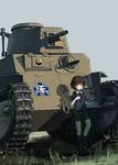 bangs bike_shorts black_footwear black_legwear black_shirt black_shorts blue_jacket boots bottle brown_eyes brown_hair cannon caterpillar_tracks closed_mouth commentary_request day emblem girls_und_panzer ground_vehicle highres holding holding_bottle isobe_noriko jacket looking_at_viewer military military_uniform military_vehicle motor_vehicle nito_(nshtntr) ooarai_(emblem) ooarai_military_uniform open_clothes open_jacket outdoors shadow shirt short_hair short_sleeves shorts sky sleeves_rolled_up socks solo standing star tank type_89_i-gou uniform water_bottle zipper 