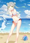  :d arms_behind_back azur_lane ball barefoot beach beachball bikini blush breasts cloud covered_nipples day double_bun fang glowworm_(azur_lane) green_eyes green_hair innertube leaning_to_the_side linhe_de_chuangzi long_hair looking_at_viewer medium_breasts ocean open_mouth outdoors sky smile solo standing swimsuit twintails wind 