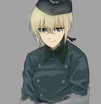  aqua_eyes arms_at_sides bangs black_hat black_ribbon blonde_hair breasts buttons closed_mouth coat eyebrows facial_scar garrison_cap grey_background grey_coat hair_between_eyes hair_ribbon hanna_rudel hat long_hair long_sleeves looking_at_viewer low_ponytail military military_uniform nose_scar ribbon scar shiratama_(hockey) sidelocks simple_background small_breasts smile solo straight_hair tsurime uniform upper_body world_witches_series 