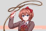  blue_eyes blush bow brown_hair closed_mouth collared_shirt commentary disco_brando doki_doki_literature_club hair_bow highres lasso long_sleeves looking_at_viewer neck_ribbon orange_hair red_ribbon ribbon rope sayori_(doki_doki_literature_club) school_uniform shirt short_hair smile solo white_shirt 