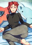  ass blush chinjuu_hibakichi earrings jewelry jojo_no_kimyou_na_bouken kakyouin_noriaki looking_at_viewer male_focus on_bed otoko_no_ko purple_eyes red_hair ribbed_sweater solo stardust_crusaders stuffed_animal stuffed_dolphin stuffed_toy sweatdrop sweater 