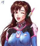  animal_print bangs blcackup blue_bodysuit bodysuit breasts brown_eyes brown_hair bunny_print d.va_(overwatch) facepaint facial_mark headphones high_collar long_hair looking_at_viewer md5_mismatch medium_breasts one_eye_closed open_mouth overwatch pilot_suit pink_lips ribbed_bodysuit shoulder_pads simple_background skin_tight smile solo swept_bangs upper_body upper_teeth whisker_markings white_background 