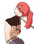  1girl anger_vein angry arched_back arms_behind_back bdsm bondage bound bound_arms bound_wrists breasts chains collar cuffs cuffs-to-collar drooling hen_zemi katou_anna nns_(sobchan) pink_hair ponytail revision shirt_lift slave solo transparent_background underboob vector_trace 