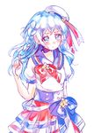  alternate_hair_length alternate_hairstyle blue_eyes blue_hair blush bow dorothy_west hair_twirling hat highres layered_skirt looking_at_viewer noromame pretty_(series) pripara red_bow sailor_collar sailor_hat short_sleeves simple_background solo star white_background 