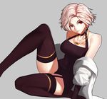  bare_shoulders black_dress black_gloves black_legwear breasts covered_navel dcoagt dress dungeon_and_fighter earrings gloves grey_background halterneck jewelry looking_at_viewer majesty_(dungeon_and_fighter) medium_breasts necklace red_eyes short_hair silver_hair sitting solo sword_master_(dungeon_and_fighter) thighhighs 