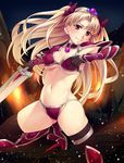  armor armored_boots bikini bikini_armor black_legwear blonde_hair boots breasts choker cosplay covered_nipples elizabeth_bathory_(brave)_(fate) elizabeth_bathory_(brave)_(fate)_(cosplay) elizabeth_bathory_(fate)_(all) ereshkigal_(fate/grand_order) fate/grand_order fate_(series) highres holding holding_sword holding_weapon long_hair looking_at_viewer medium_breasts mukunokino_isshiki navel night purple_bikini red_armor red_eyes shoulder_armor silver_trim smile solo spiked_boots swimsuit sword thighhighs tiara two_side_up very_long_hair weapon 