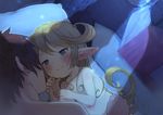  1girl blonde_hair blue_eyes blush brown_hair charlotta_fenia closed_mouth commentary_request dutch_angle ear_blush eye_contact gran_(granblue_fantasy) granblue_fantasy harvin hetero hidden_face highres holding_hands long_hair looking_at_another lying night nude on_side pillow pointy_ears size_difference smile walkalone 