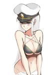  absurdres azur_lane bikini black_bikini breasts enterprise_(azur_lane) halterneck hat highres jilu large_breasts long_hair looking_at_viewer navel peaked_cap purple_eyes simple_background sketch solo swimsuit upper_body v_arms very_long_hair white_background white_hair 