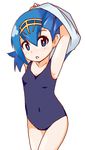  1girl armpits arms_up blue_eyes blue_hair blue_swimsuit blush breasts collarbone covered_navel eyebrows_visible_through_hair female hair_ornament hairband highres loli looking_at_viewer matching_hair/eyes one-piece_swimsuit open_mouth pokemon pokemon_(anime) pokemon_(game) pokemon_sm pokemon_sm_(anime) short_hair simple_background small_breasts solo standing suiren_(pokemon) sujiko_(tesselet) surprised swimsuit undressing white_background 