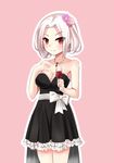  absurdres alcohol bare_shoulders black_dress blush bow breasts cleavage collarbone cup dress drinking_glass flower frilled_dress frills hair_flower hair_ornament hand_on_own_chest highres jewelry looking_at_viewer medium_breasts necklace pink_background red_eyes sash short_dress short_hair solo vittorio_veneto_(zhan_jian_shao_nyu) white_hair wine wine_glass xiao_bing_qiaokeli zhan_jian_shao_nyu 