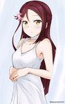  banned_artist bare_arms bare_shoulders blush breasts choker closed_mouth collarbone curtains dress hair_ornament hairclip half_updo long_hair love_live! love_live!_sunshine!! medium_breasts own_hands_together red_hair sakurauchi_riko sleeveless sleeveless_dress solo tareme tasora twitter_username upper_body white_choker white_dress yellow_eyes 