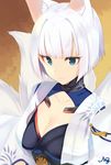  animal_ears azur_lane bad_id bad_pixiv_id bangs blue_eyes breasts choker cleavage closed_mouth collarbone commentary_request expressionless eyeshadow flush fox_ears fox_tail highres kaga_(azur_lane) large_breasts looking_at_viewer makeup multiple_tails navy_(navybluexox) sakuramon short_hair solo tail upper_body white_hair 