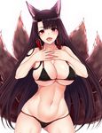  akagi_(azur_lane) animal_ears azur_lane bangs bikini black_bikini black_hair blush breasts cleavage cocq_taichou commentary eyeliner fox_ears fox_tail hair_tubes hands_on_own_chest hips large_breasts long_hair looking_at_viewer makeup multiple_tails navel open_mouth red_eyes sidelocks simple_background smile solo swimsuit tail teeth white_background 
