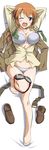  ;d arms_behind_head ass_visible_through_thighs barefoot blue_eyes blush bra breasts charlotte_e_yeager cleavage dakimakura feet full_body goggles highres kurashima_tomoyasu large_breasts legs military military_uniform navel one_eye_closed open_mouth orange_hair panties shoes_removed simple_background smile solo strike_witches underwear uniform white_background white_bra white_panties world_witches_series 